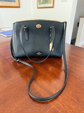 Coach Black Pebble Leather Shoulder Satchel with Gold Accents